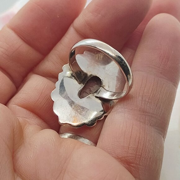 Sterling Silver & Rhodochrosite Teardrop Shaped Ring Size 10 Intricate Setting - Picture 4 of 6